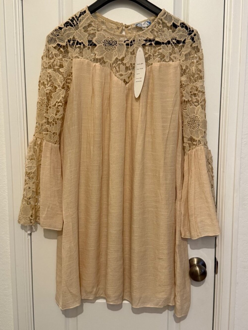Lace Yoke Flowy Bell Sleeve Dress Straw Beige Medium